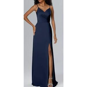 AW BRIDAL 4 S dark navy blue satin Theodora bridesmaid maxi dress NEW B163